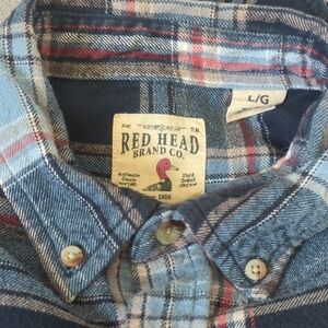 Men's Red Head Blue Plaid Flannel Shirt. Size L